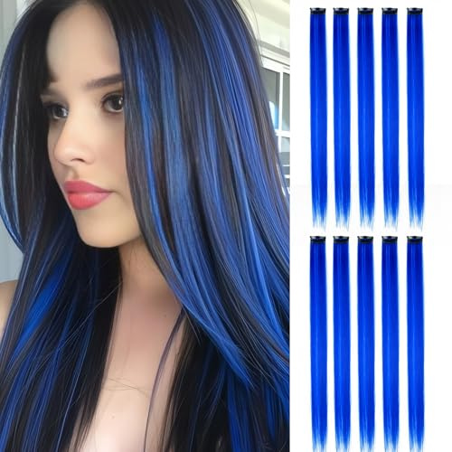 Luxiremi Ciocche di capelli colorate per bambini, 10 pezzi, lunghezza 22 pollici, colore blu zaffiro, extension per capelli sintetici, clip da agganciare