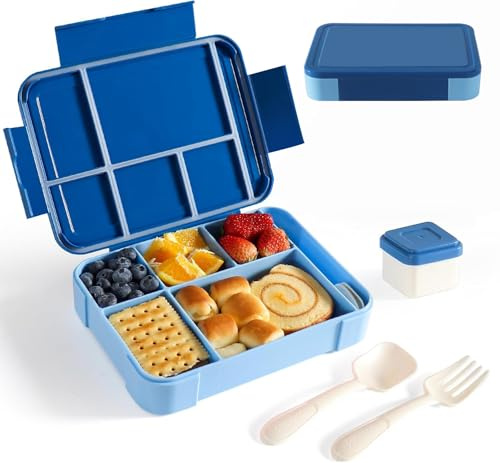 Swkien Brotdose Kinder mit Fächern, Auslaufsichere Bento Box, 1300ml Lunchbox mit Soßendose, Jausenbox Mikrowellen & Spülmaschinenfest, Brotdose Schule BPA Frei - Blau