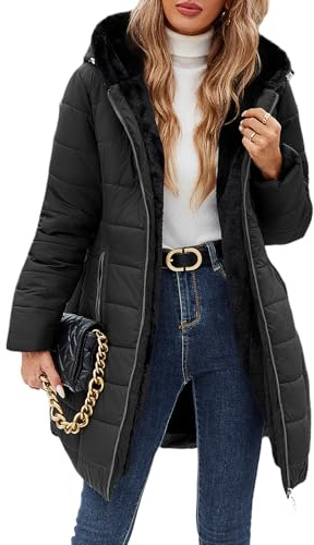 Yuson Girl Manteau Femme Longue Matelassé Polaire Doublé Manteau Hiver Veste Épais Chaud Parka Manteau Blouson Zippé à Capuche Hooded Coat Elégant Veste Imperméable Outercoat avec Poches(Noir, XL)