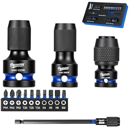 PACMANN Impact Wrench Adapter Set 1/2, 3/8, 1/4-Inch Drive to 1/4-Inch Hex | Quick-Change Chuck, Cr-Mo Steel and 150mm Bit Holder for Screwdriver Bits, Auto Repair, Machinery Maintenance and Fastening