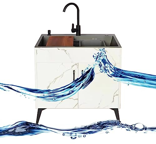 Lavello singolo commerciale con rubinetto dell'acqua calda e fredda, unità di utilità autoportante per garage, ristorante, cucina, lavanderia, bianco, con ripiano portaoggetti e scolapiatti.