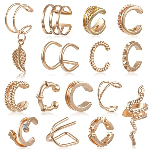 Nogeqi 15 pezzi Gold Ear Cuff Earcuffs orecchio finto piercing clip orecchini a morsetto, polsino regolabile per orecchio finto helix, cartilagine finto fake pircing, orecchini in oro senza fori per