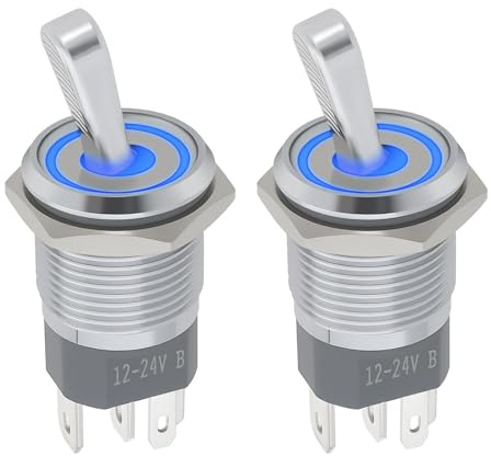 eMagTech 2 pièces interrupteur à bascule lumineux à LED 16 mm, bascule à 2 positions pour microcontrôleurs, appareils électroniques, éclairage 3–6 V jusqu’à 24 V, bleu