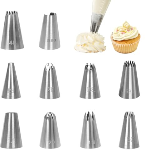 KIRZAX Set di 10 Beccucci Grandi, Decorazione Torte Set,Grande Inox Bocchette Decorative Accessori,per Decorare Cupcakes, Torte, Zeppole, Biscotti,Churros,Pasticceria