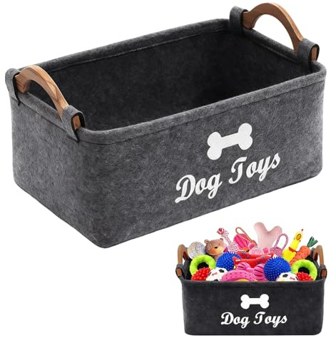 Vrexziy Dog Toy Basket with Handle, 18x38x25cm Foldable Felt Storage Basket | Dog Toy Box with Wooden Handle and Cute Pattern Foldable Pet Toy Storage Box for Organizing Pet Toys Blankets (Dark Gray)
