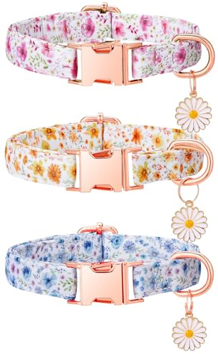 Smivyhp 3 Stück Hundehalsband mit Blumen-Muster, Hunde Halsbänder mit Metall-Sicherheitsverschluss, Verstellbares Welpenhalsband mit Gänseblümchen-Anhänger für kleine und mittlere Hunde