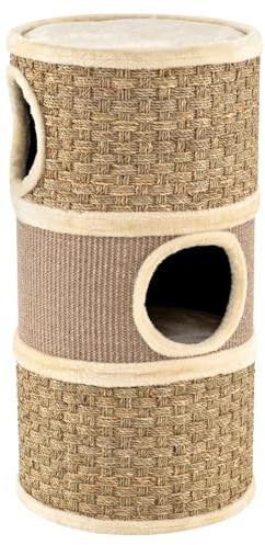 GYMAX Kratztonne Ø 36 cm, Höhe 70 cm, 3-stöckige Katzentonne mit weicher oberer Plattform, 3 großen Eingängen & innerem Tunnel, Stabiler Kratzbaum für kleine Katzen bis 15 kg