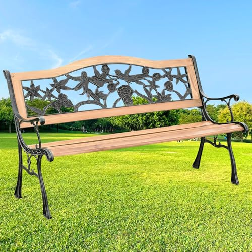Panca da giardino resistente alle intemperie con braccioli e schienale, 126 x 45 x 79 cm, in legno naturale, 2 posti, per balcone e patio, per interni ed esterni, in pelliccia (fatina dei fiori