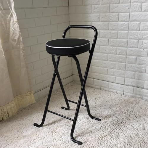 QTWLG Sedia Pieghevole Da Casa, 65cm 75cm Sgabello Pieghevole Rotondo In Similpelle Imbottito Sgabello Da Bar Pieghevoli Con Schienale E Poggiapiedi(Black,65cm)