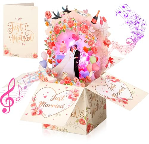 Hochzeitskarte mit Musik Licht, Just Married 3D Pop Up Romantische Karte | für Braut und Bräutigam, Verlobung, Hochzeit, Brautparty, Geschenkkarte, Faltbare Erinnerungsbox mit Blanko Nachricht Karte