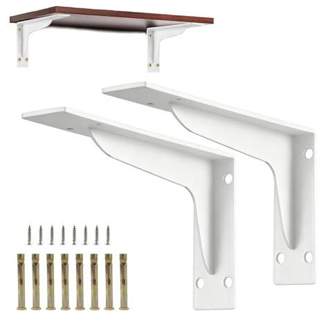 KATLKIU Staffe Reggimensola in Metallo a L, 2 Pezzi, Supporti per Mensole da Parete con Viti e Tasselli, Staffe Angolari Resistenti per Scaffali, Libreria, Cucina, Bagno e Garage (Blanc, 12 in)