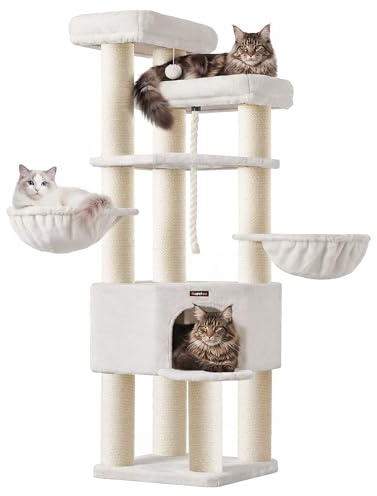 Feandrea Kratzbaum groß, 11 cm Dicke Sisalstämme XXL, 55 x 55 x 186.7 cm | Mehrstöckiger Katzenbaum, für große Katzen wie Maine-Coon-Katze, cremeweiß, CLAWFY Kollektion PCT008W101