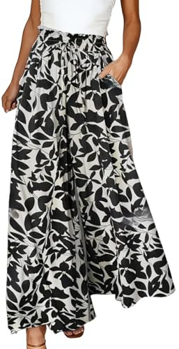 Générique Pantalon Large Femme Fluide Été Taille Elastique Haute Pantalons Jupe Culotte Chic Et Elegant Décontracté Léger À Jambes Larges avec Poches pour Bureau Et Travail