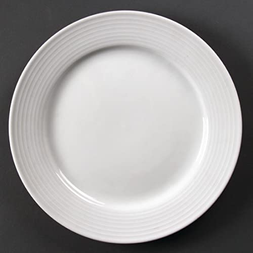 Olympia Linear Wide Rimmed Service Plates Porcelain, White 250mm 12pc | Fully vitrified to provide heat and shock resistance, featuring a durable glaze and Nisbets edge chip warranty.