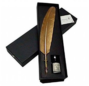 Regalos007 Schreibset mit Vogelfeder in Gold und Tintenfass