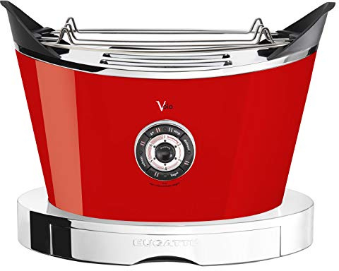 BUGATTI, Volo, tostadora eléctrica, 4 funciones, 6 niveles de tostado, diseño innovador, cuerpo de acero inoxidable, potencia 930 W, alicates/jaulas sándwich no incluidas (rojo)