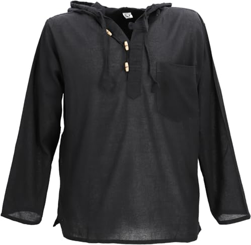 GURU SHOP Nepal skjorta, Goa Hippie-tröja, yogabyxor, slip-tröja med huva – oliv, män, svart, XL