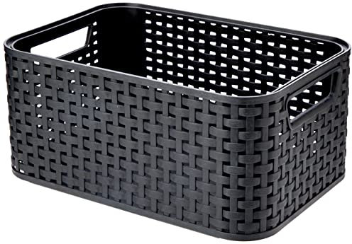 Curver Panière de Rangement 6L en avec Un Design Rotin Tressé pour Salle de Bain, Chambre, Bureau - Poignées Ergonomiques - Noir