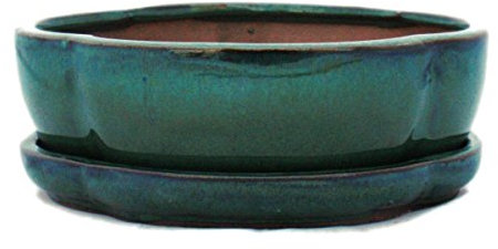 exotenherz Bonsai-Schale mit Unterteller Gr. 3 - Grün - haitang/oval - Modell I5 - L 17cm - B 14cm - H 5,5cm