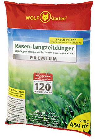 WOLF-GARTEN Rasen-Langzeitdünger „Premium“ LE 450 (mit Langzeitwirkung für 120 Tage, ohne Stoßwachstum, stärkt die Abwehrkräfte & Belastbarkeit des Rasens, ausreichend für 450 m2) 3830046