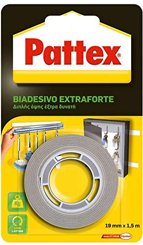 Pattex Biadesivo Soffice Extraforte, Superpotetente, Per Incollaggi Verticali di qualsiasi Materiale, Piastrelle, Plastica, Legno, Per Riparazioni, Per Accessori in Bagno e Cucina, 19mmx1,5m
