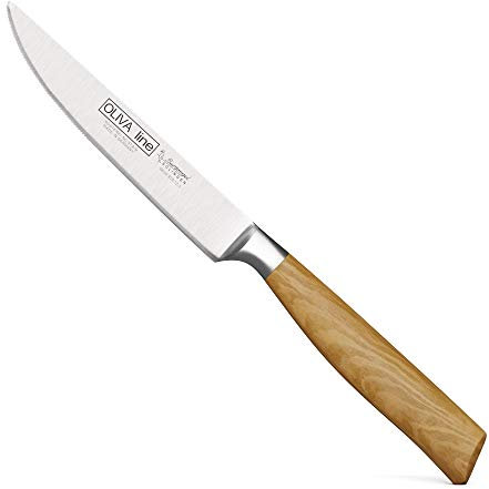 Burgvogel Solingen Steakmesser 12 cm geschmiedet Olivenholz, Oliva Line, Sägeschliff, rostfrei, hell, scharf, Braun Beige