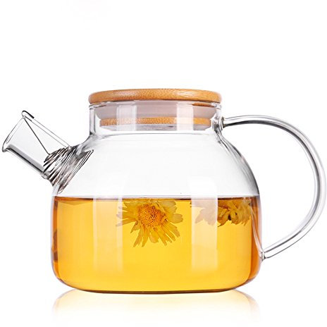 TAMUME 1000ML Vetro Teiera con Bambù Berretto Coperchio e Filtro in Acciaio Inox Coil Vetro Brocca Ideale per Tè Della Frutta Contenitore e Blooming Teiera Vetro