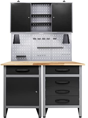Ondis24 Werkstatteinrichtung 4 teilig mit LED Beleuchtung Werkstatt aus: Werkbank Werzeugschrank, Euro - Lochwand mit 22 Haken