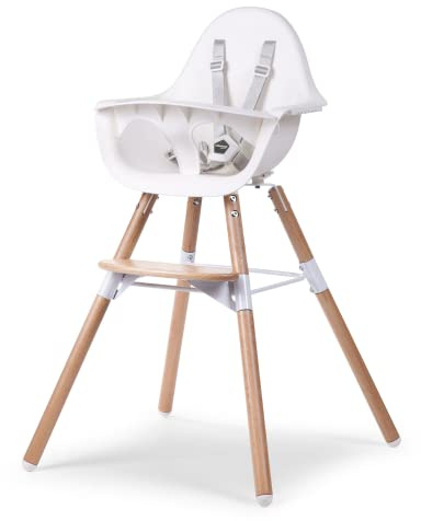 CHILDHOME, Chaise Haute Bébé/Enfant, Evolutive, Dès 6 mois, Réglable en Hauteur, Harnais 5 Points, Nombreux Accessoires, Compatible avec Transat Naissance Evolu, Bois de Hêtre, Evolu 2, Blanc