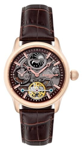 Thomas Earnhshaw ES-8063-06 Men Longitude Shadow Automatic Watch with Brown Dial Skeleton Display and Brown Leather Strap