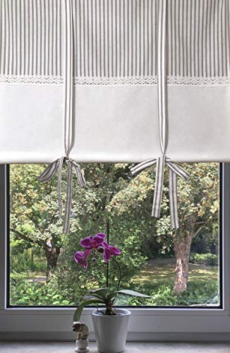 Leinenshop24 Landhaus Gardine Paris Grau Weiß Raffrollo 100x100 Shabby Chic Retro Vintage