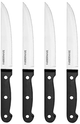Farberware 4-Piece Full-Tang Triple Rivet 'Never Needs Sharpening' Stainless Steel Steak Knife Set, Black