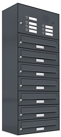 AL Briefkastensysteme 7er Briefkastenanlage mit Klingel Anthrazit Grau RAL 7016, Premium Briefkasten DIN A4, 7 Fach Postkasten modern Aufputz