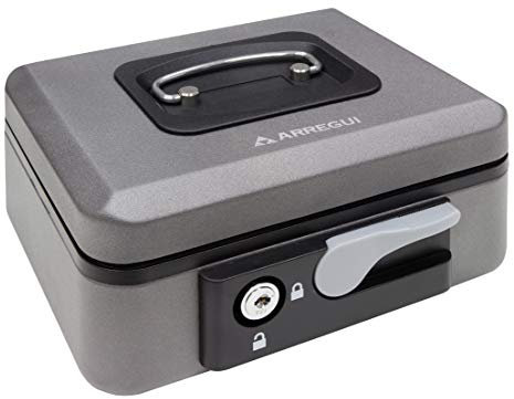 ARREGUI Popup C9726 Cassetta di sicurezza con chiave e pulsante per contare e trasportare denaro | Cassetta Portavalori in acciaio con vassoio Portamonete | Cassaforte portatile larghezza 20cm |Grigio