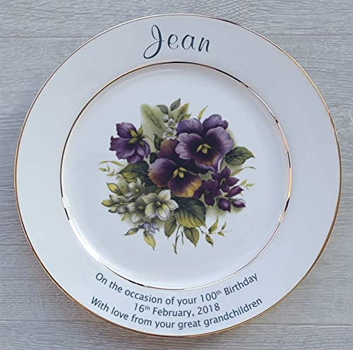 All About Names Personalised 50th Birthday Gift - Bone China Plate With Pansies Design - Gold Bands On Rim