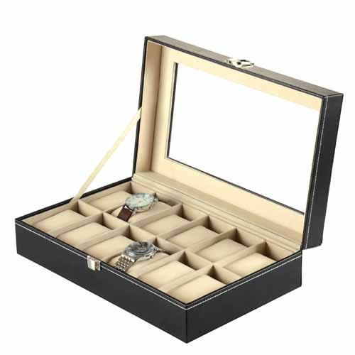 Sinoba Uhrenkoffer Uhrenbox Schaukasten Uhrenvitrine Leder-Look | 12 Uhren | Uhrenkasten mit Echtglas-Fenster und weichen Kissen. Schützt Uhren und Armbänder staubfrei vor Kratzern