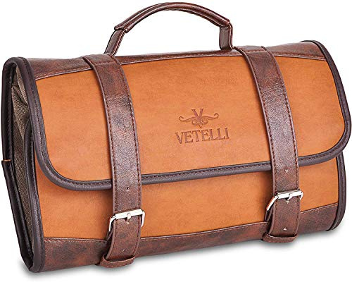 VETELLI Hängende Herren Kulturtasche aus Leder | Retro Kulturbeutel zum Aufhängen mit Tragegriff | Italienisches Design