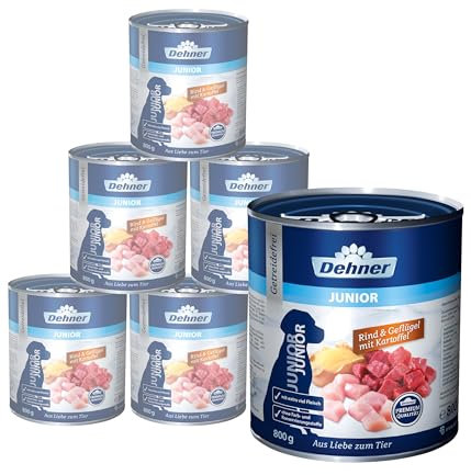 Dehner Premium Hundefutter Junior | Nassfutter für Welpen und junge Hunde | Hundenassfutter in Premiumqualität | hoher Fleischanteil | getreidefei | mit Rind, Geflügel und Kartoffel | 6 x 800 g