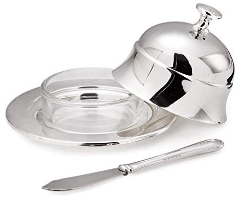 EDZARD Mantequillera/Mantequera Epe, diametro 11 cm, Plateada, con Inserto tazón de Vidrio, Incl. Cuchillo para Mantequilla, Campana de Mantequilla