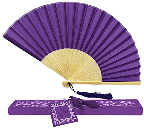 Rangebow Dark Royal Purple Fabric Hand Fans Pack of 6 with Tassel Laser Cut Folding Fan Box Handheld Foldable for Women, A Grade Bamboo Ribs