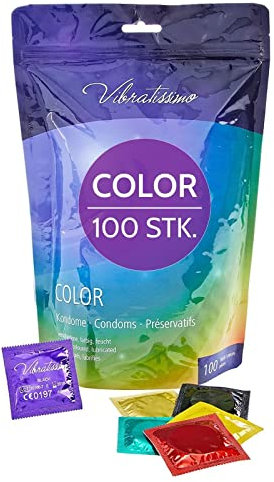 VIBRATISSIMO Préservatifs colorés Paquet de 100 I Préservatifs ultra sensibles et extra humides I pour hommes I Paquet de préservatifs colorés en rouge, noir, vert, jaune, or