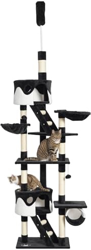 PawHut Floor to Ceiling Cat Tree, 240-260cm Adjustable Height, White | Kitten Tower, Scratching Posts, Cat Houses, Ramps, Hammocks, Toy Balls, Tunnel, for Indoor Use