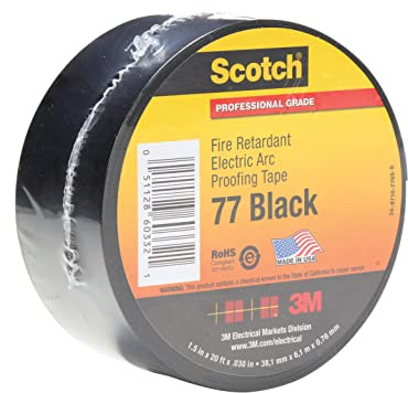 3M Scotch Fire-Retardant Electric Arc Proofing Tape 77, 3 in x 20 ft, Black, 1 Roll, UL Listed and RoHS 2011/65/EU Compliant