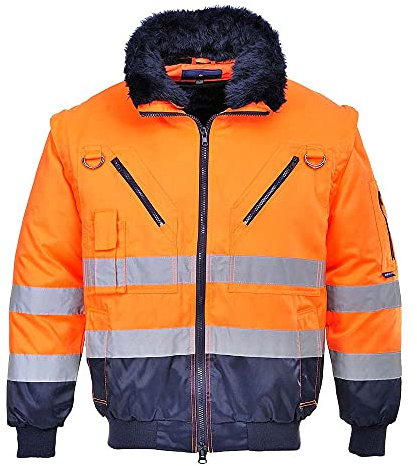 Portwest PJ50 Hi-Vis 3-in-1 Pilot Jacket Waterproof Reflective Workwear Coat Detachable Sleeves Fur Liner Multi-Pocket Fleece Lining EN ISO 20471 Certified, Orange/Navy, L