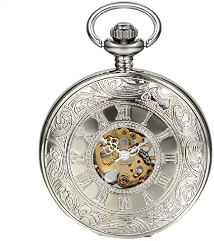 Jewelrywe Orologio da Tasca a Meccanico Quadrante Hollow con Collana in Lega Argento Vintage Numero Romano