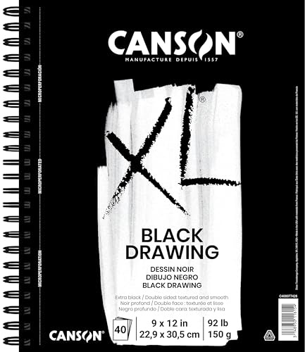 Canson XL Series Drawing Paper, Black, Wirebound Pad, 9x12 inches, 40 Sheets (92lb/150g) - Artist Paper for Adults and Students - Colored Pencil, Ink, Pastel, Marker