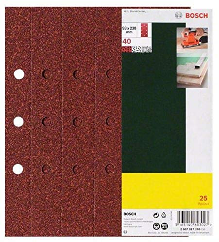 Bosch Home and Garden 25-teiliges Schleifblatt-Set für Schwingschleifer, 93 x 230 mm, 8 Löcher, Körnung 40, 2607017103