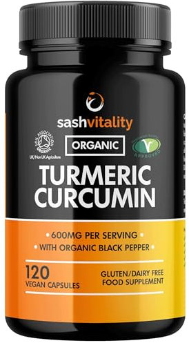 Organic Turmeric Curcumin 600mg Serving with Organic Black Pepper | 120 Vegan Capsules | High Potency Antioxidant & Absorption | Certified Organic Supplement – UK Made Sash Vitality