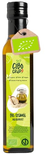 CiboCrudo Olio di Semi di Sesamo Bio, Spremuto a Freddo, Olio di Sesamo Alimentare, da Utilizzare in Cucina per Arricchire Ricette Salate, Conserva le Naturali Proprietà del Sesamo – 250 ml
