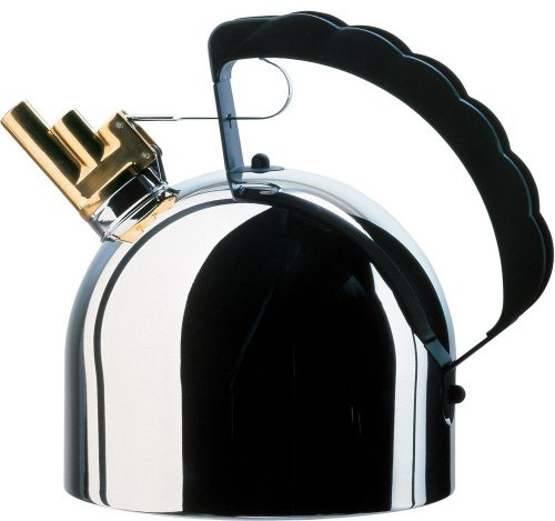 Alessi 9091 FM Wasserkessel aus Edelstahl 18/10 glänzend poliert mit melodischer Flöte aus Messing und Griff aus PA, schwarz. Magnetboden aus Edelstahl